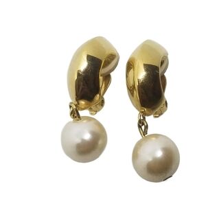 GIVENCHY 1980s GOLDTONE & FAUX PEARL DROP CLIP ON EARRINGS